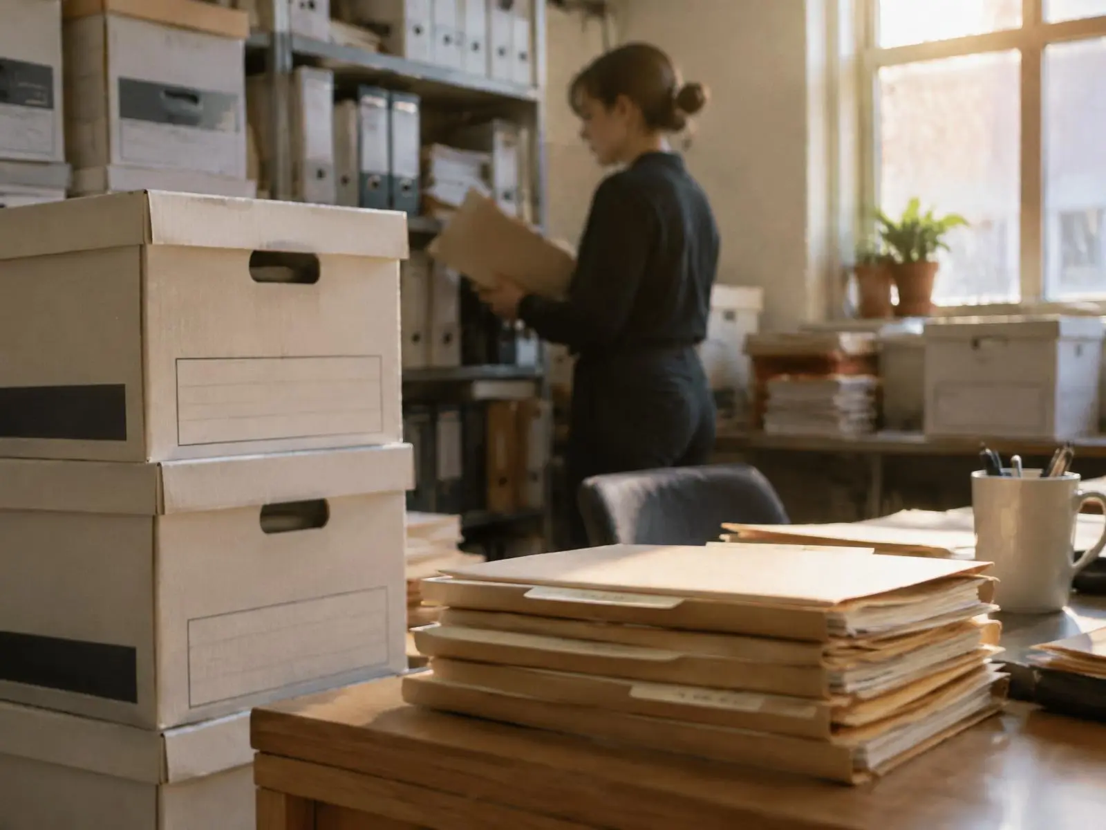 Claim files organized in a law firm records room
