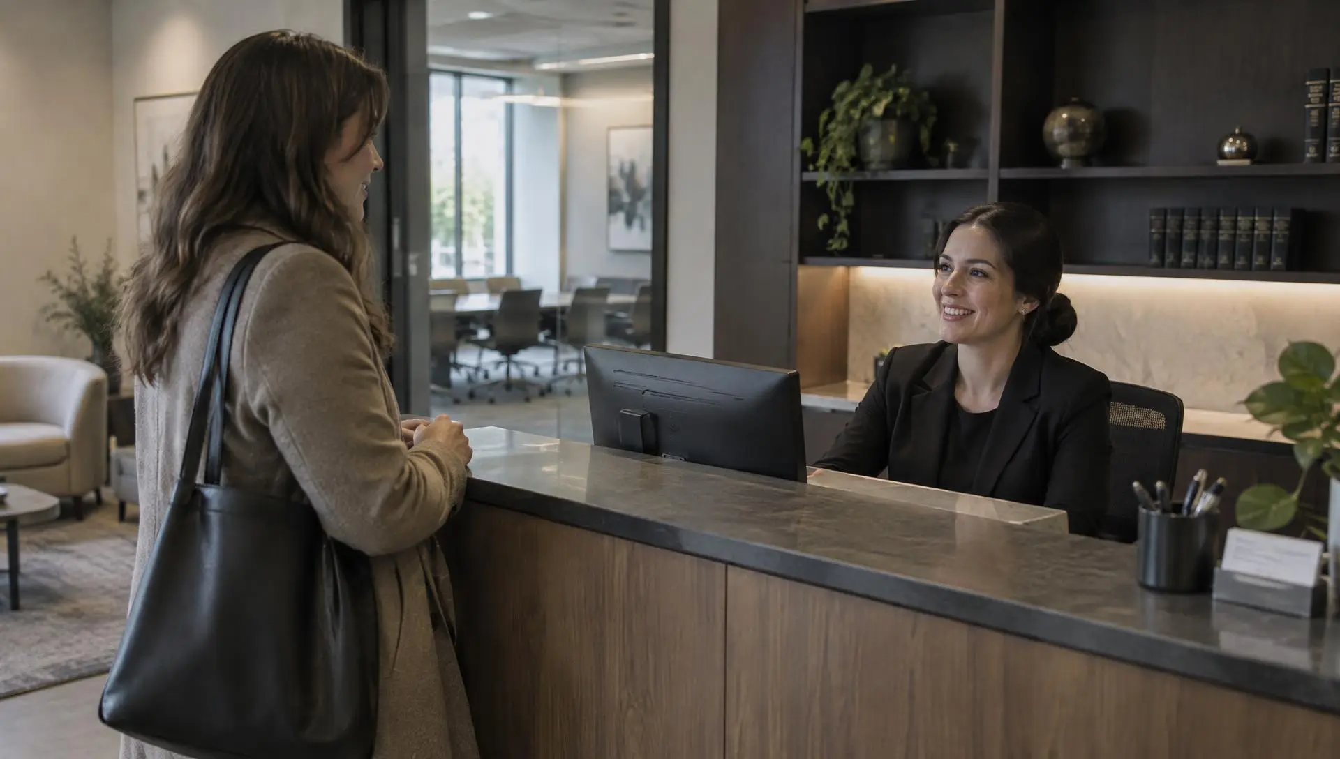 Law firm receptionist welcoming a visitor