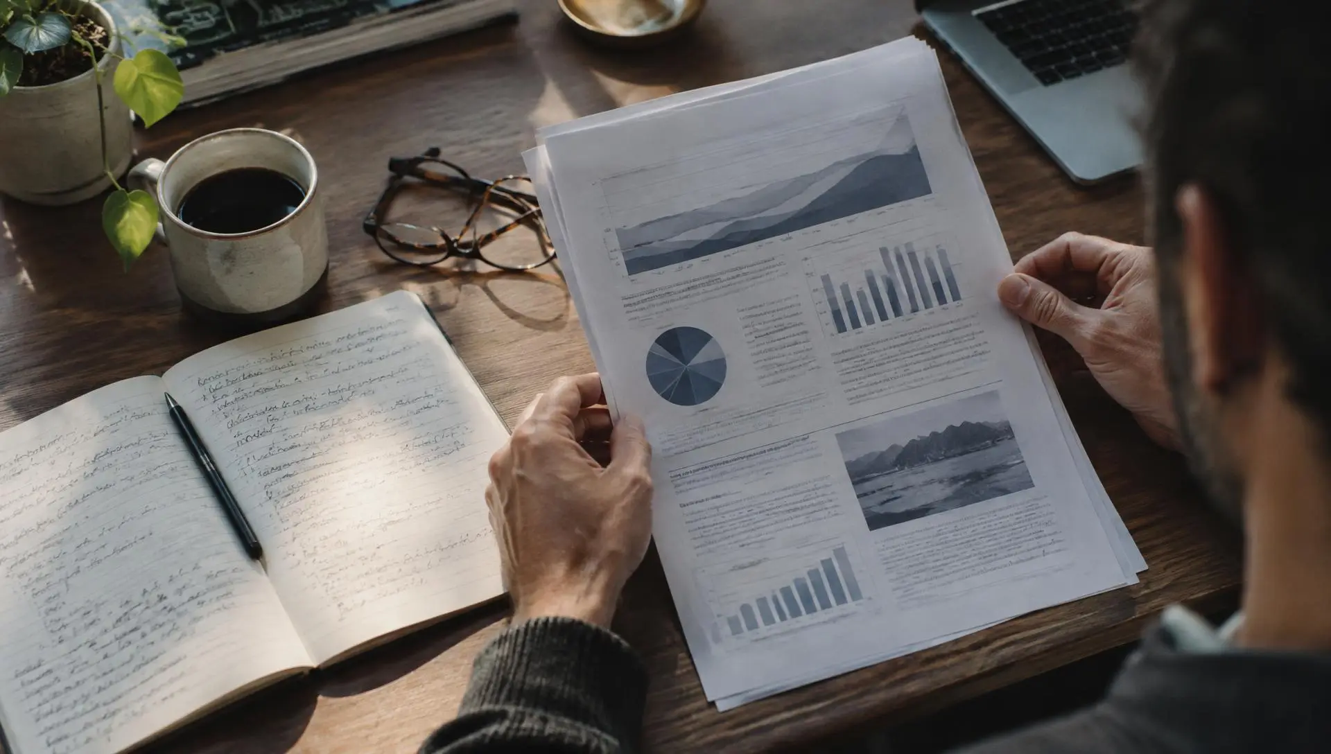 Attorney reading a research report in a modern office