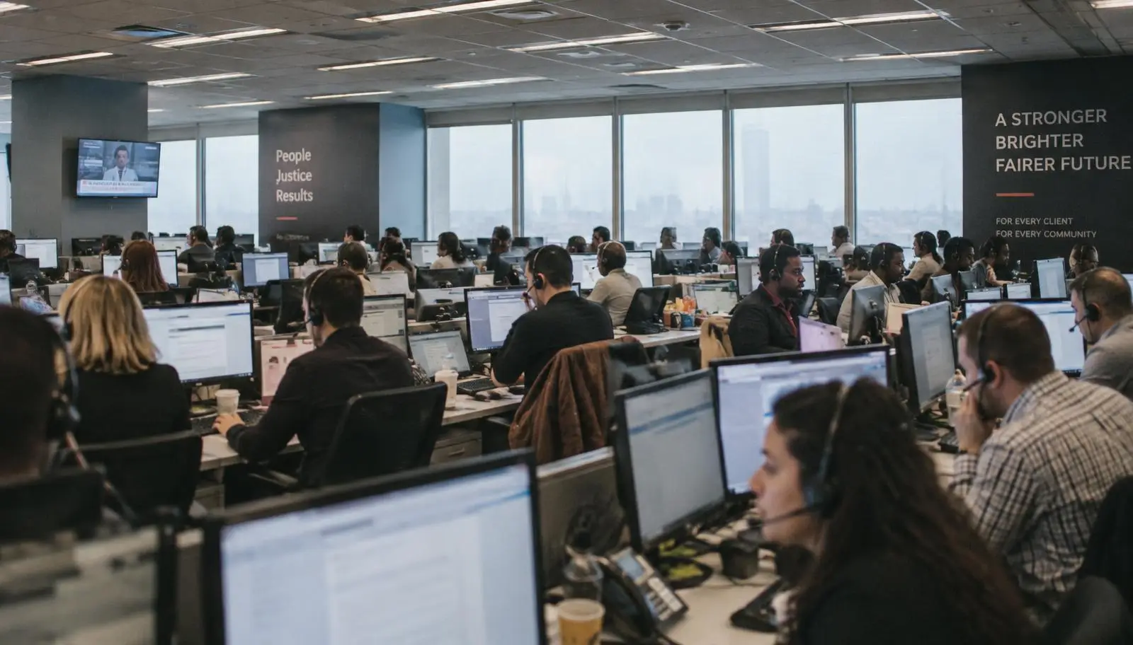 Operations team monitoring campaign and intake volume across many screens