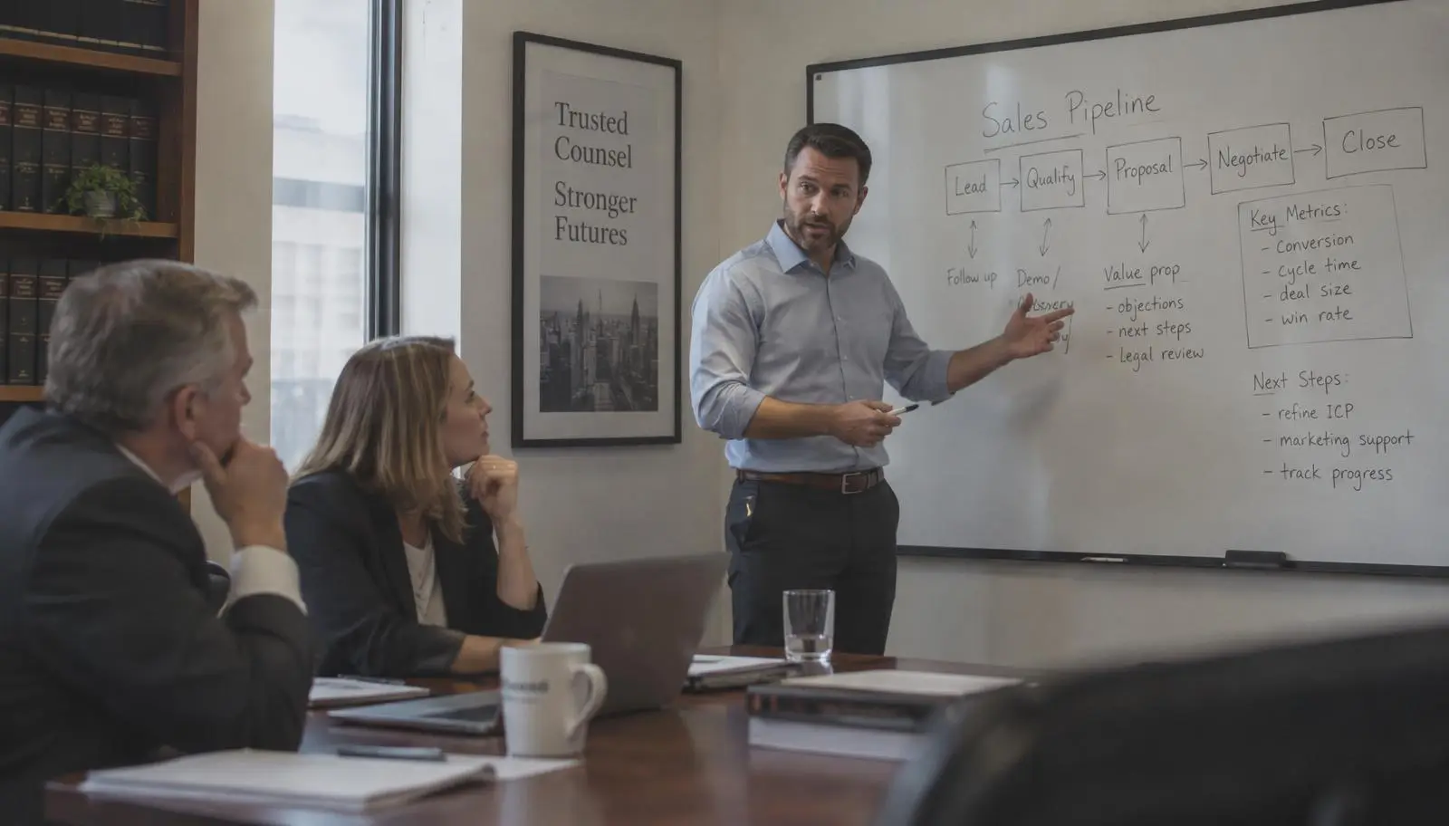 Operations leader reviewing a law firm intake pipeline with the team