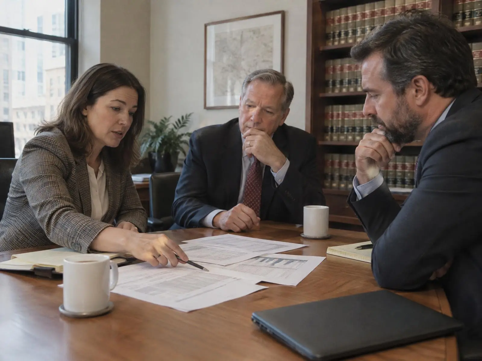 Law firm partners reviewing reports with an operator