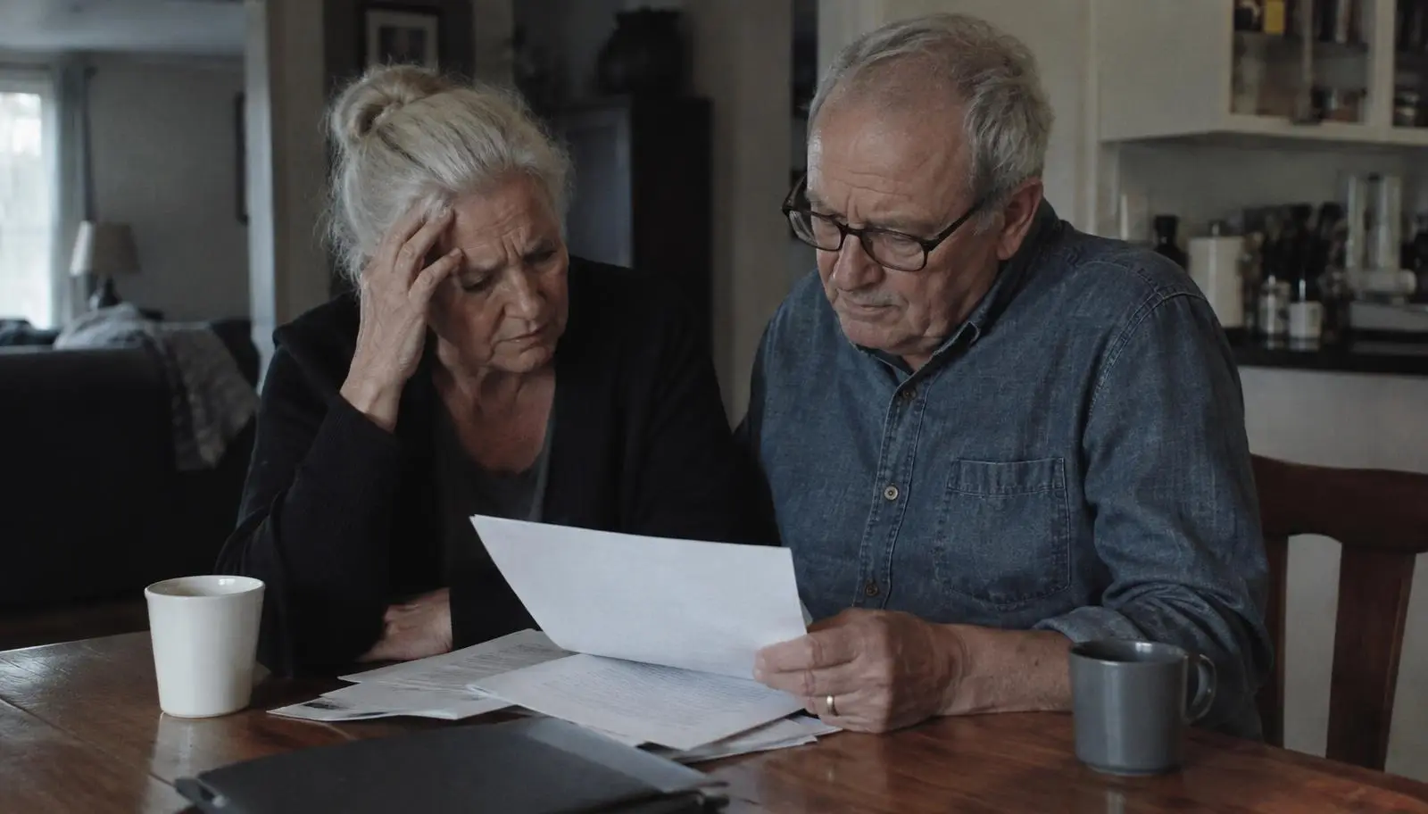 Person reviewing bills and contracts at a kitchen table