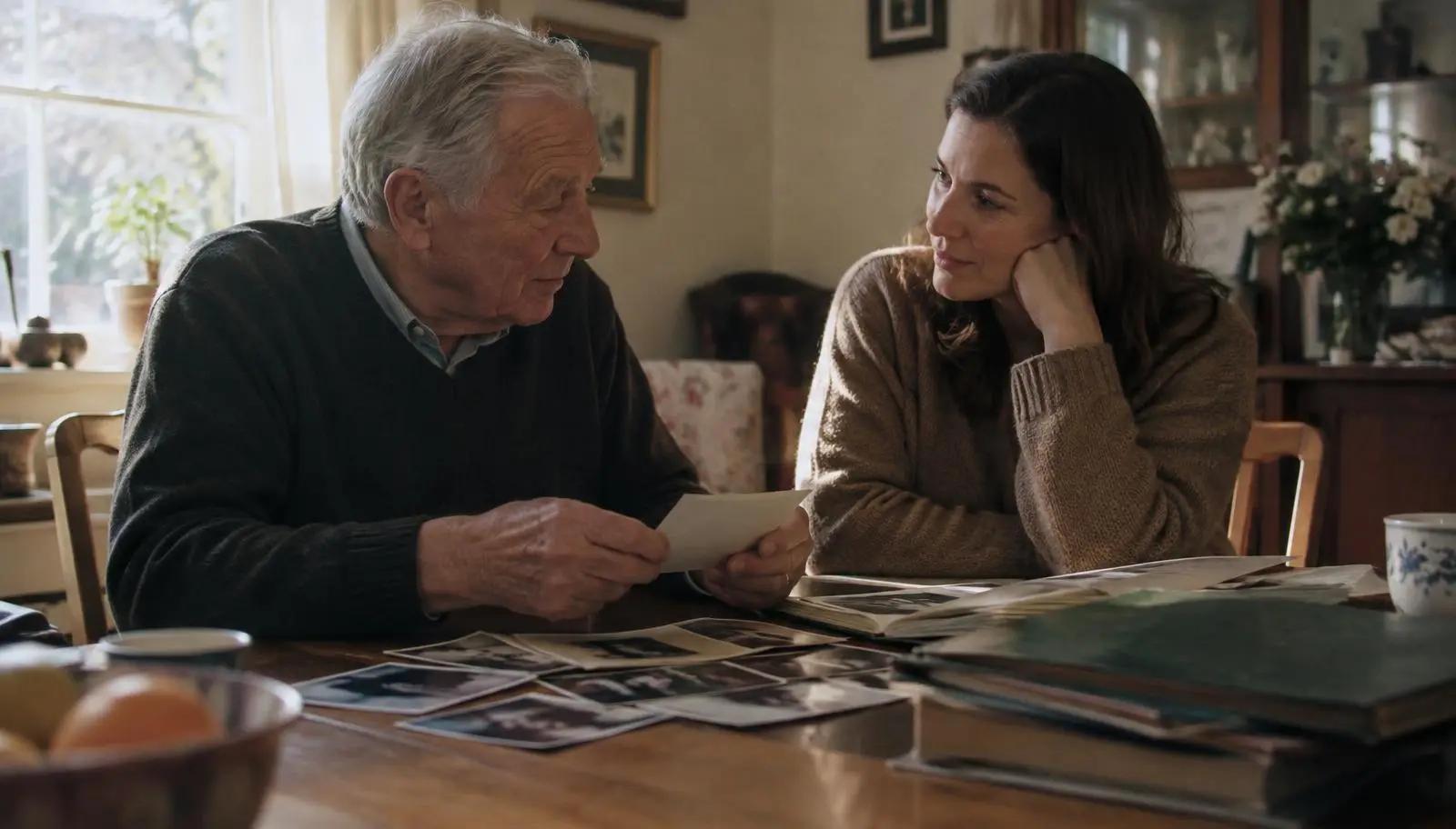 Family reviewing estate documents at a dining table