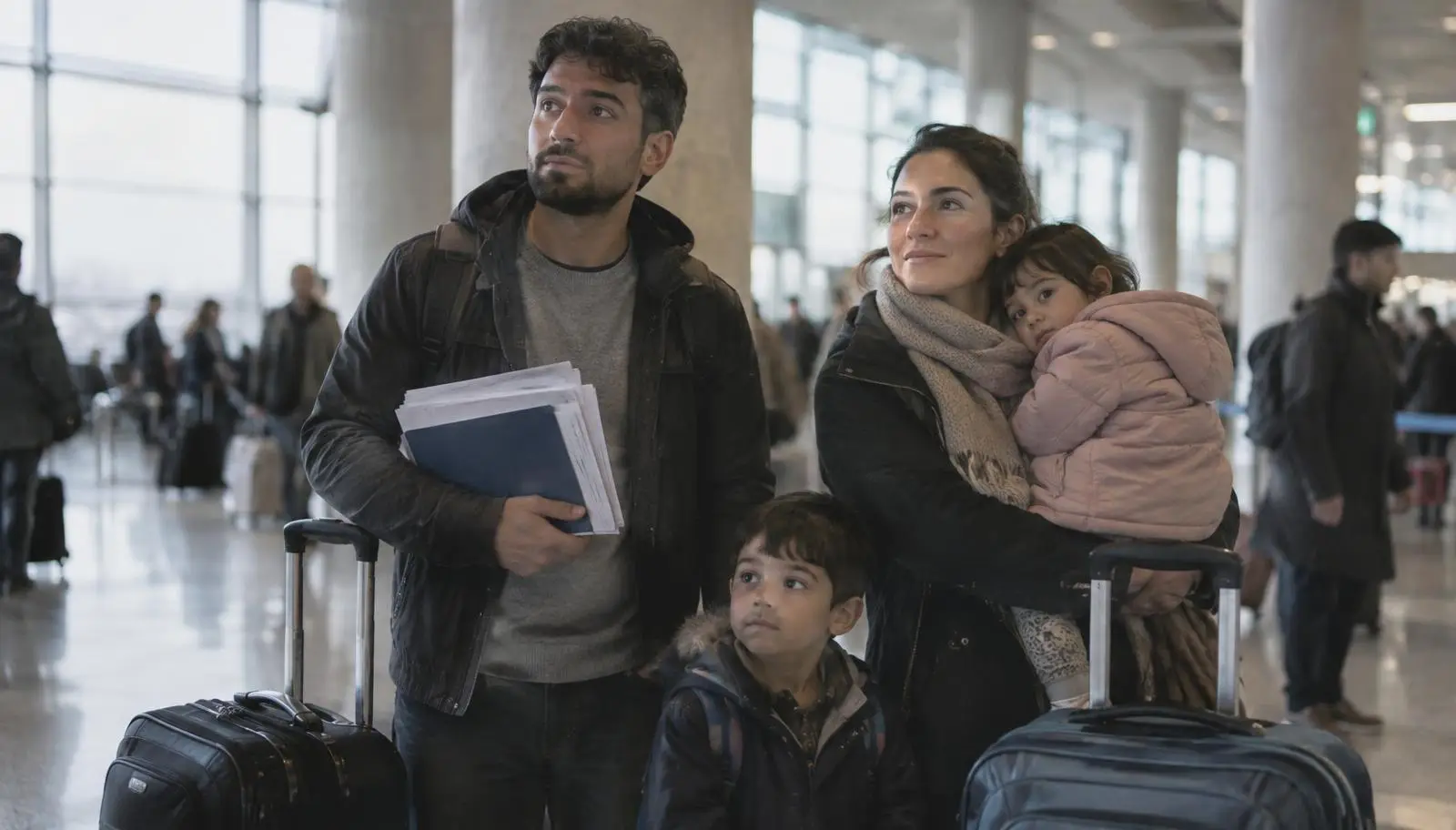 Travelers walking through an airport arrival hall