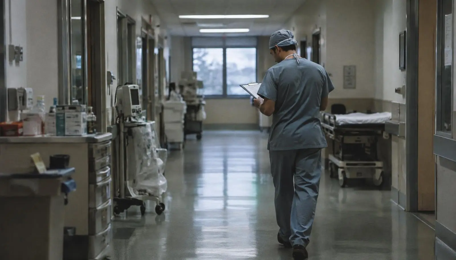 Doctor reviewing medical records on a tablet in a hospital corridor