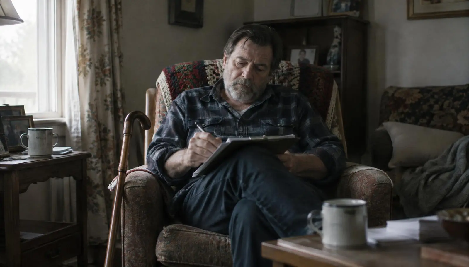 Man completing benefits paperwork at a home desk