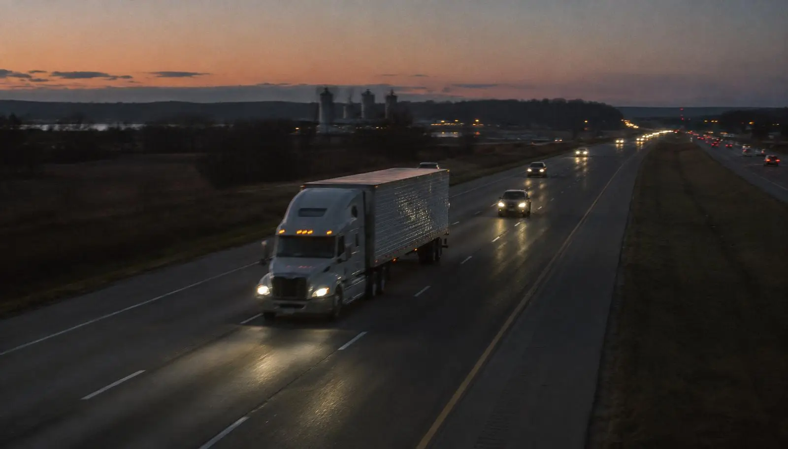 Semi trucks on an interstate highway at blue hour