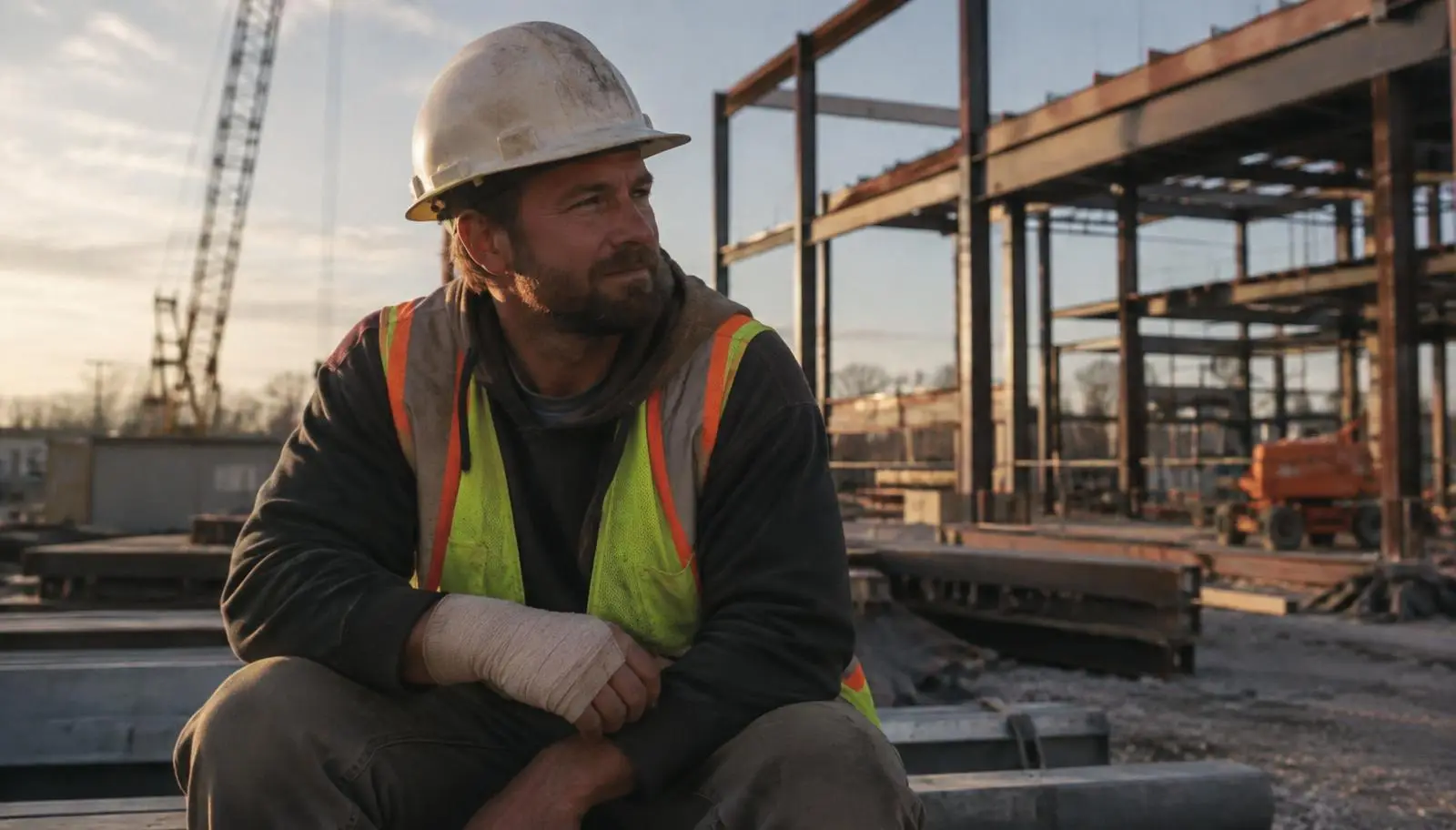 Construction worker on a building site at dusk